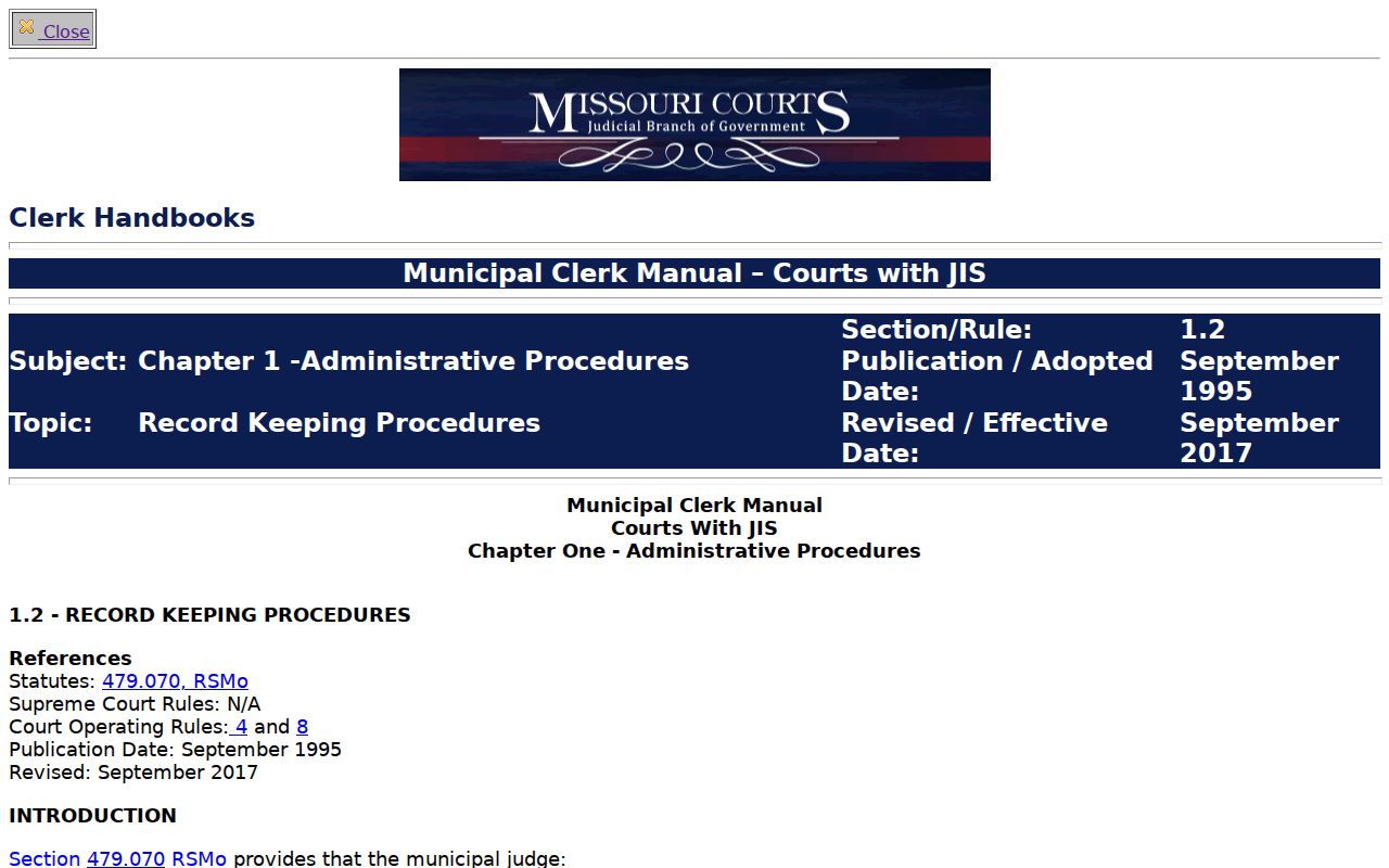 McDonald County court calendar guidance from Missouri municipal JIS manual