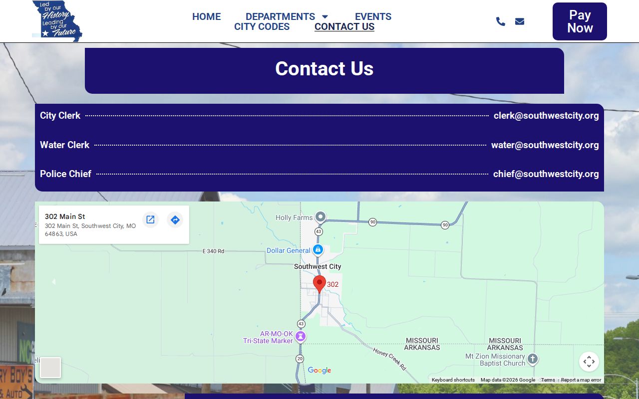 Southwest City court records source showing City Hall contact route